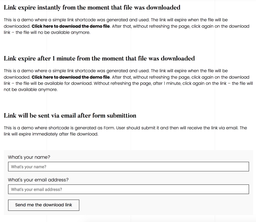 WP OTFD: 2 shortcodes generated simple links, the 3rd one is generated as form and will send the download link via email