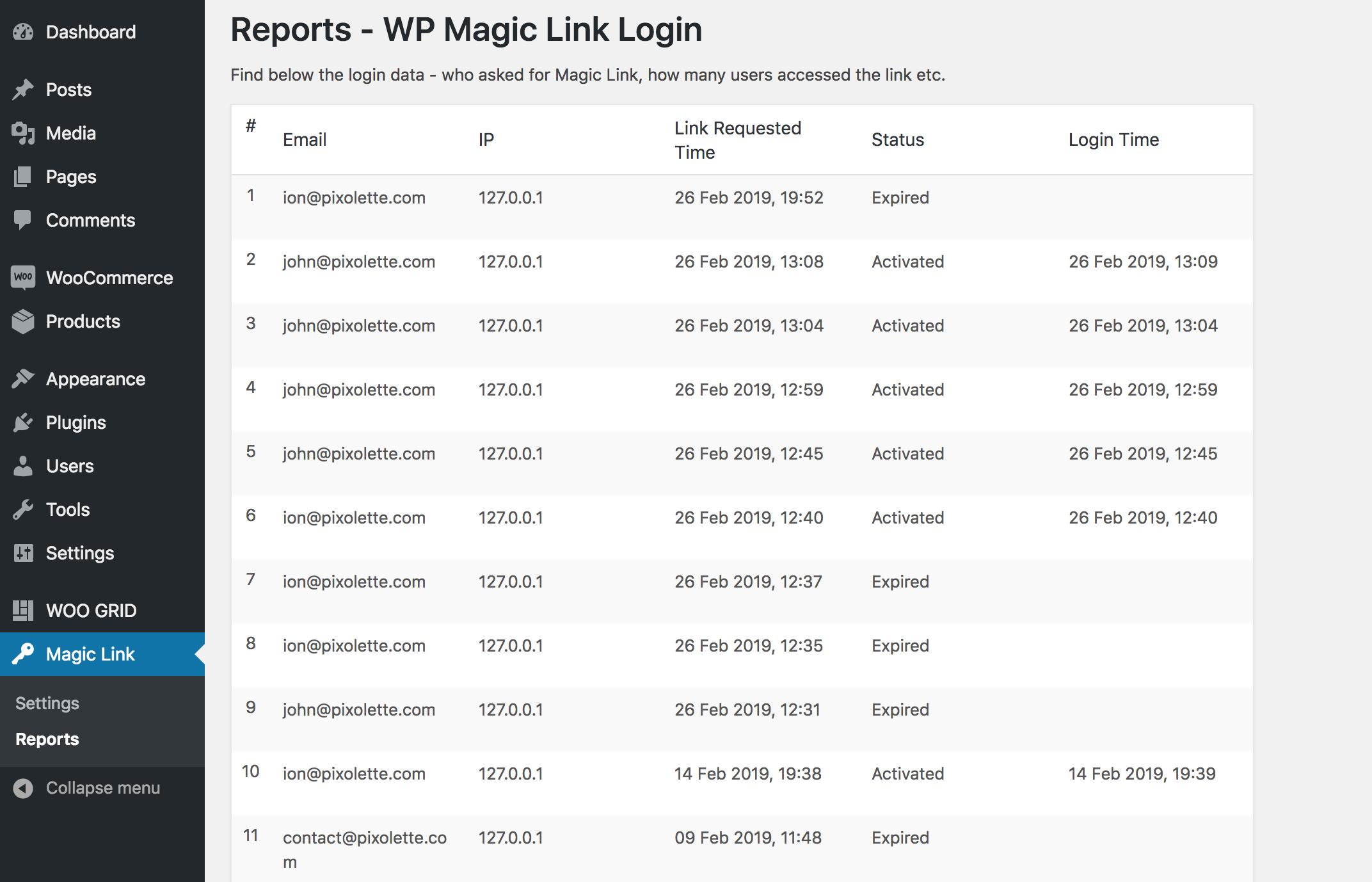 Login reports for WP Magic Link Login Plugin