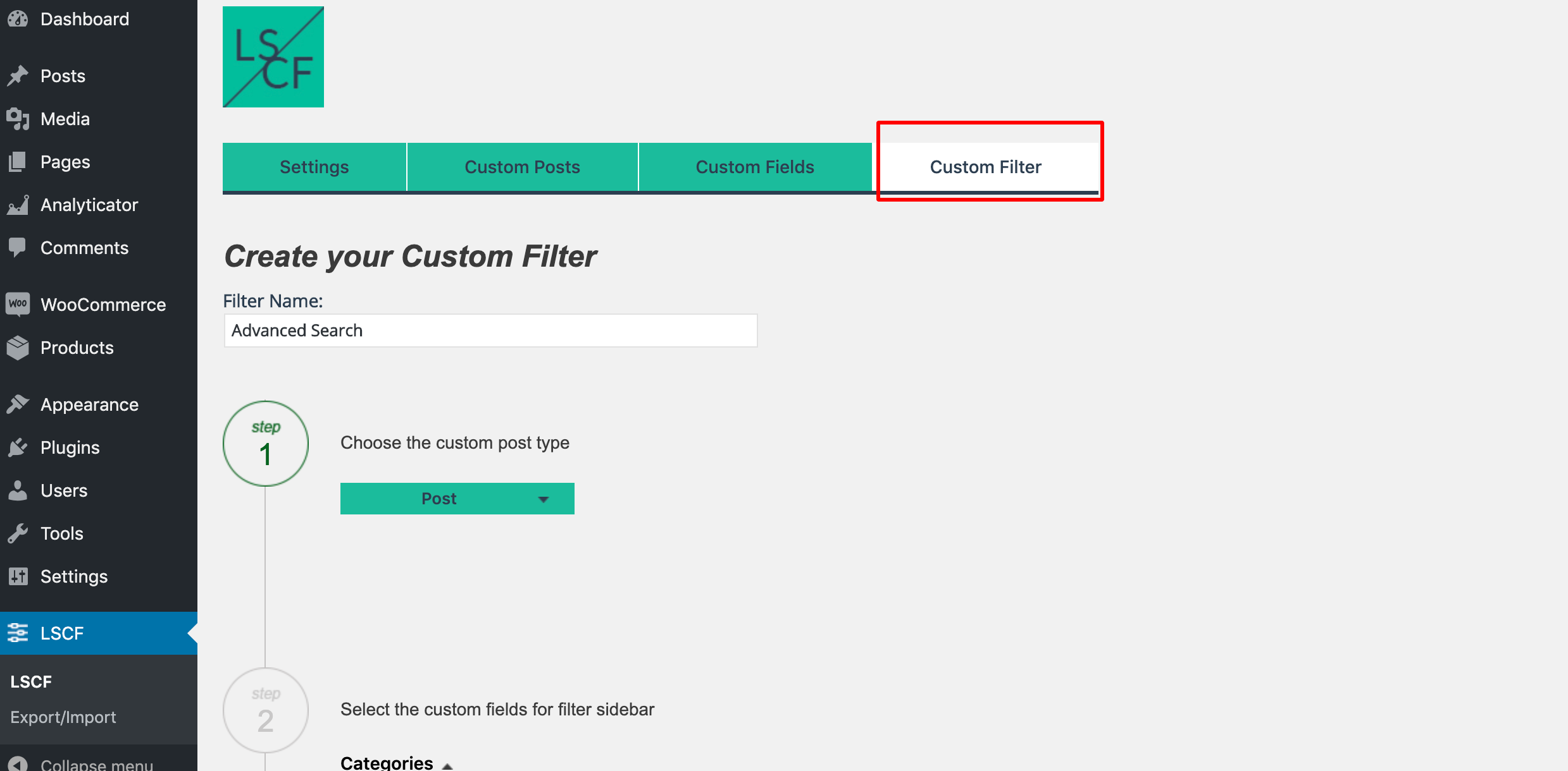 generate an advanced search shortcode from LSCF custom filter tab